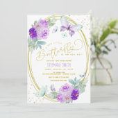 Invitation Baby shower papillon floral pourpre et or (Debout devant)
