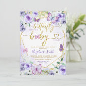 Invitation Baby shower papillon floral pourpre et or (Debout devant)