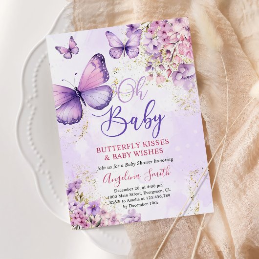 Invitation Baby shower papillon floral pourpre et or