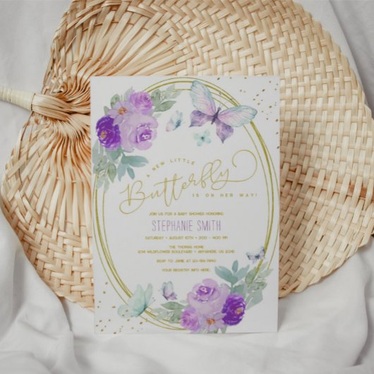 Invitation Baby shower papillon floral pourpre et or