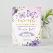 Invitation Baby shower papillon floral pourpre et or (Debout devant)