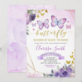 Invitation Baby shower papillon floral pourpre et or (Devant / Derrière)