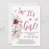 Invitation Baby shower papillon Floral Rose Girl (Devant)