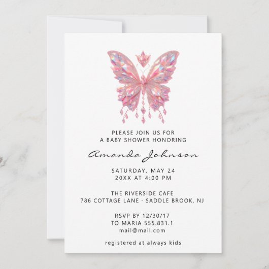 Invitation Baby shower Papillon Girl Cristaux à la broche bla (Devant)