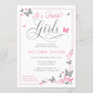 Invitation Baby shower papillon Invitation, Rose, Argent