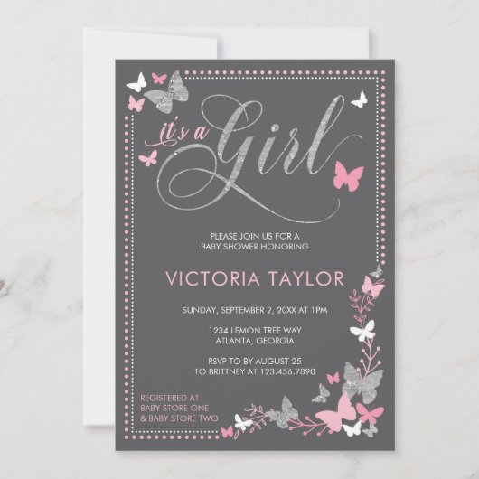 Invitation Baby shower papillon Invitation, rose, gris (Devant)
