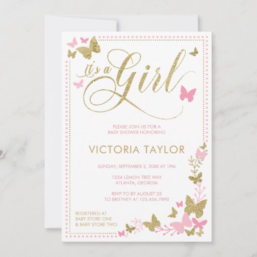 Invitation Baby shower papillon Invitation, Rose, Or (Devant)