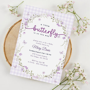 Invitation Baby Shower Papillon Lavande Aquarelle Gingham