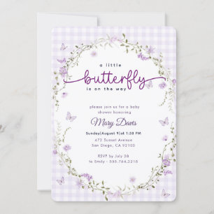 Invitation Baby Shower Papillon Lavande Aquarelle Gingham