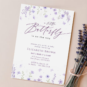 Invitation Baby Shower Papillon Lavande Ruban Floral