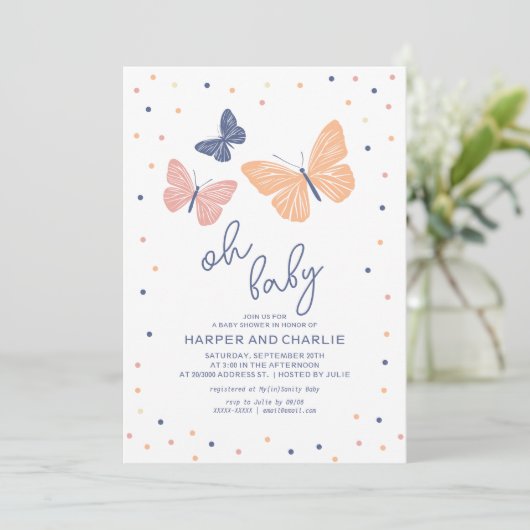 Invitation Baby shower papillon neutre moderne par sexe (Debout devant)