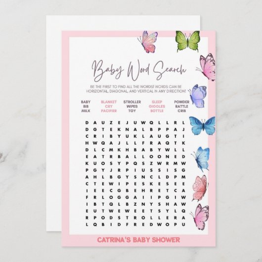 Invitation Baby shower papillon - Nom modifiable, 5x7 (Devant / Derrière)