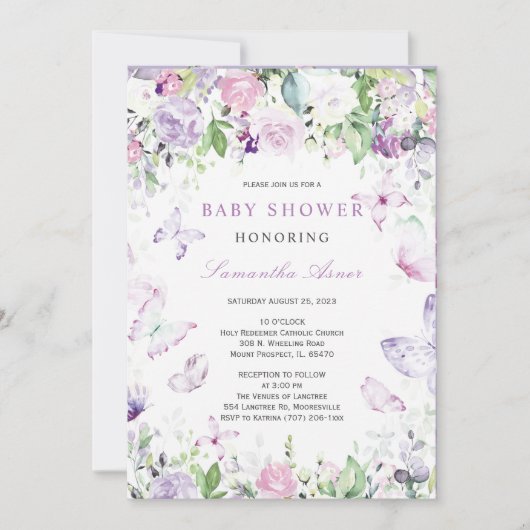 Invitation Baby shower papillon pourpre (Devant)
