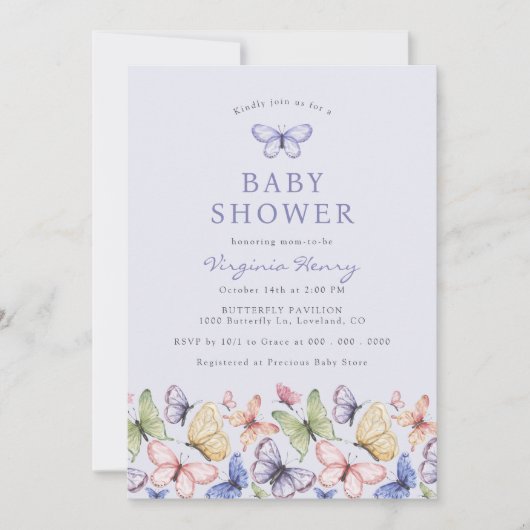 Invitation Baby shower papillon pourpre (Devant)