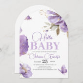 Invitation Baby shower papillon pourpre, fleurs (Devant / Derrière)