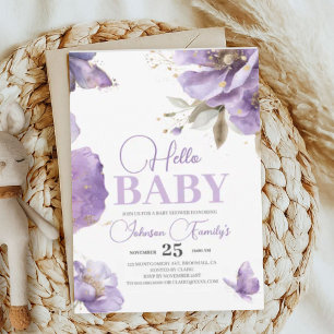 Invitation Baby shower papillon pourpre, fleurs