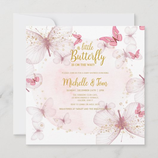 Invitation Baby shower papillon rose (Devant)