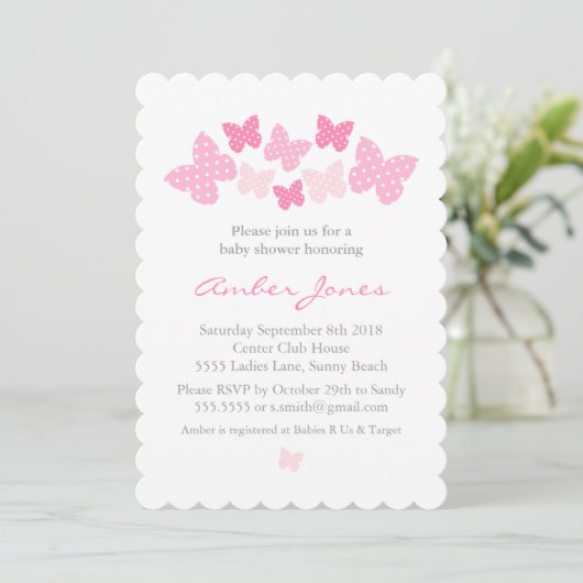 Invitation Baby shower papillon - rose (Debout devant)