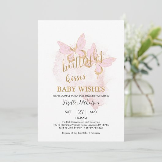 Invitation Baby shower papillon rose (Debout devant)