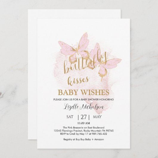 Invitation Baby shower papillon rose (Devant / Derrière)