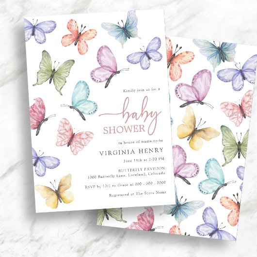 Invitation Baby shower papillon rose
