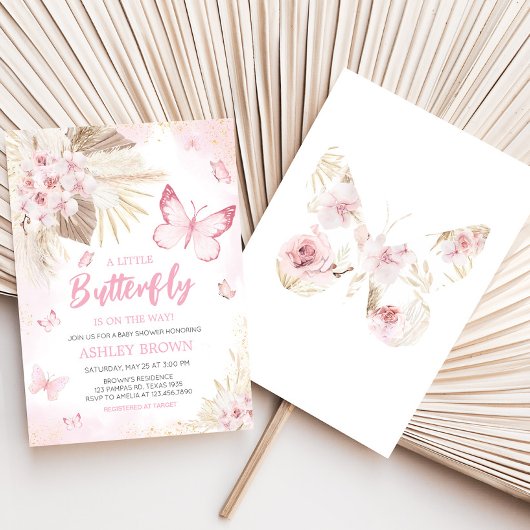 Invitation Baby shower papillon rose