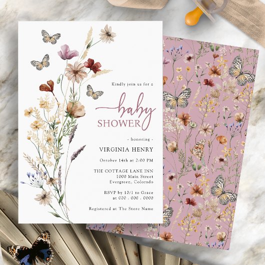 Invitation Baby Shower Papillon Rose