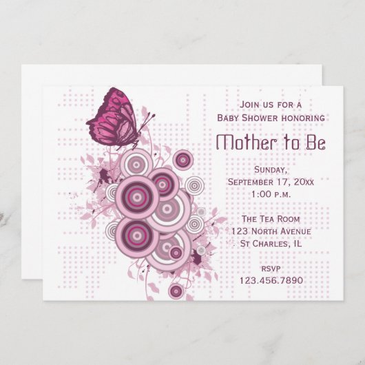 Invitation Baby shower papillon rose (Devant / Derrière)