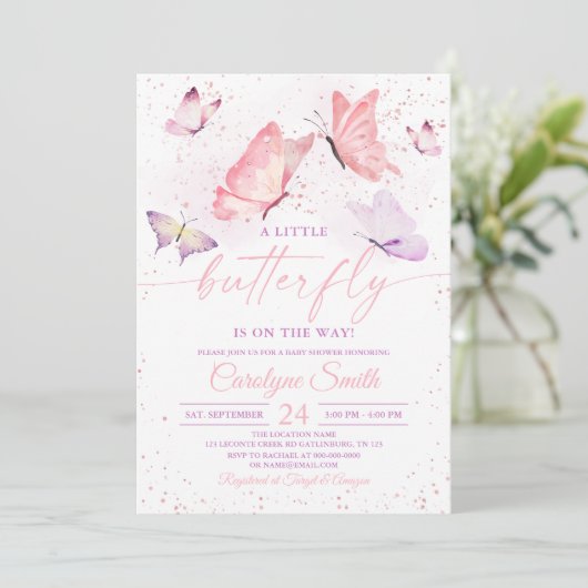 Invitation Baby shower papillon rose (Debout devant)