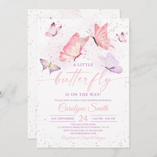 Invitation Baby shower papillon rose (Devant / Derrière)