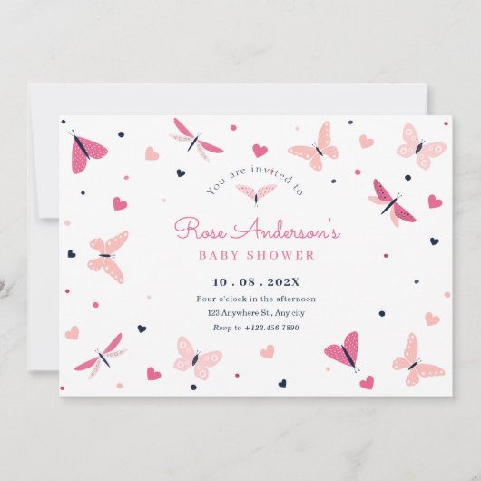 Invitation Baby shower papillon rose (Devant)