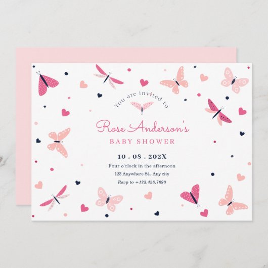 Invitation Baby shower papillon rose (Devant / Derrière)
