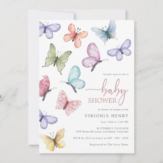 Invitation Baby shower papillon rose (Devant)