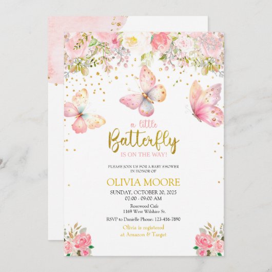 Invitation Baby shower papillon rose (Devant / Derrière)
