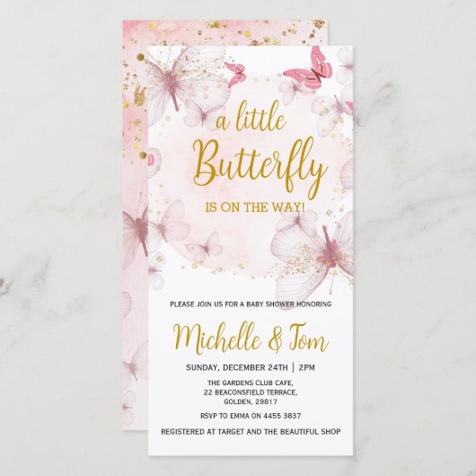 Invitation Baby shower papillon rose (Devant / Derrière)