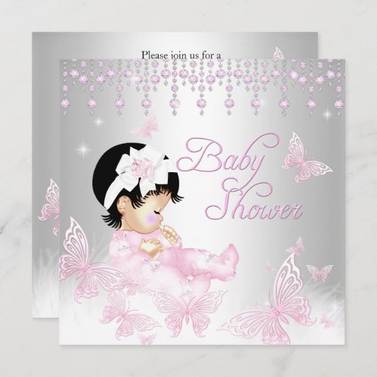 Invitation Baby shower papillon rose Argent (Devant / Derrière)