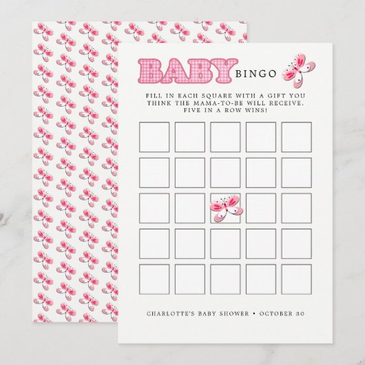 Invitation baby shower Papillon rose bébé fille Bingo Card (Devant / Derrière)