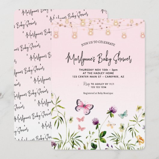 Invitation Baby Shower Papillon Rose Écriture Manuscrit Fleur (Devant / Derrière)