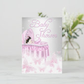 Invitation Baby shower papillon rose et argenté (Debout devant)
