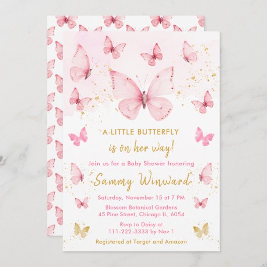 Invitation Baby shower papillon rose et or (Devant / Derrière)