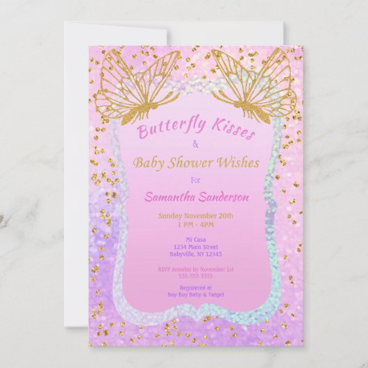 Invitation Baby shower papillon rose et or Confetti (Devant)