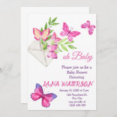 Invitation Baby shower papillon rose et vert (Devant / Derrière)