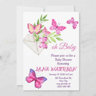 Invitation Baby shower papillon rose et vert