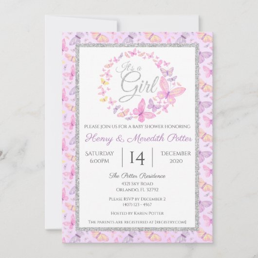 Invitation Baby shower papillon rose et violet en argent (Devant)