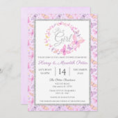 Invitation Baby shower papillon rose et violet en argent (Devant / Derrière)