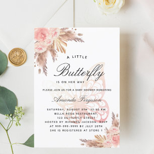 Invitation Baby shower papillon rose fille pampas herbe