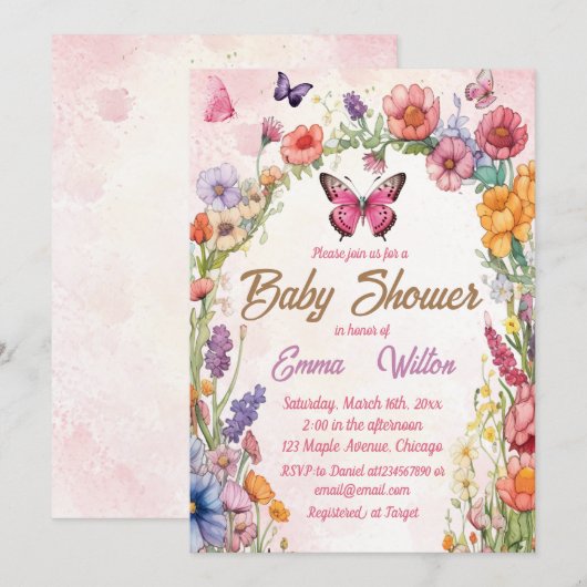 Invitation Baby shower papillon rose Jardin floral (Devant / Derrière)