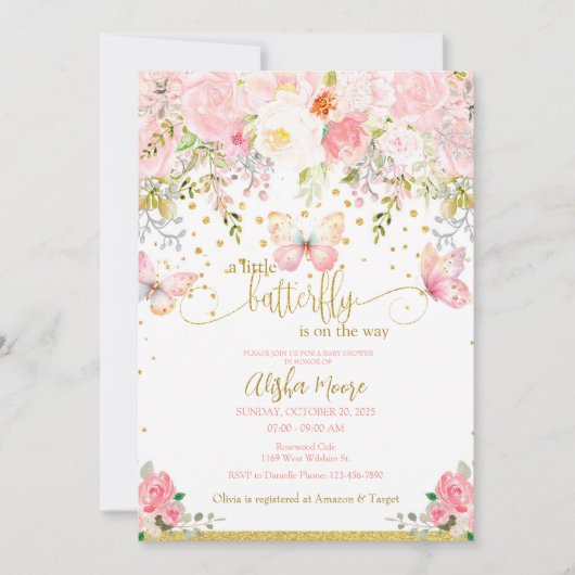 Invitation Baby shower papillon rose or (Devant)