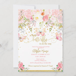Invitation Baby shower papillon rose or