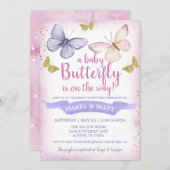 Invitation Baby shower papillon rose pourpre (Devant / Derrière)